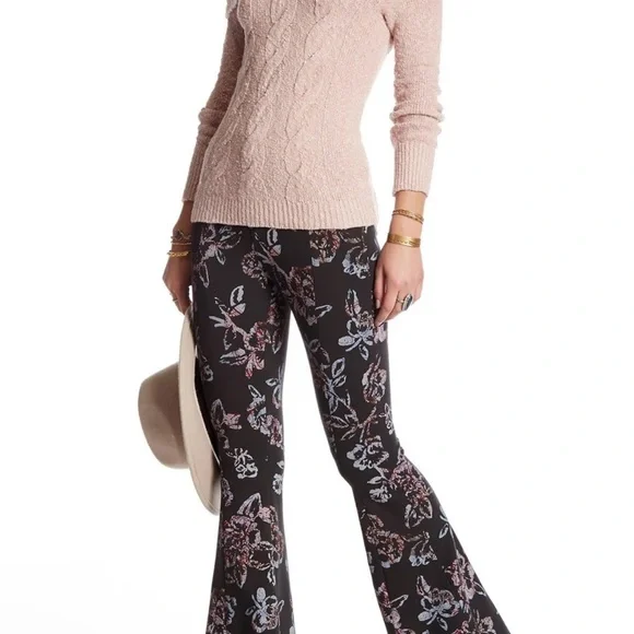 Free People Born To Be Wild Gray Floral Flare Pants - Picture 1 of 4